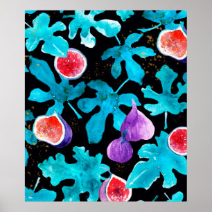 Modern Watercolor Figs Fruit on Black Throw Pillow Poster