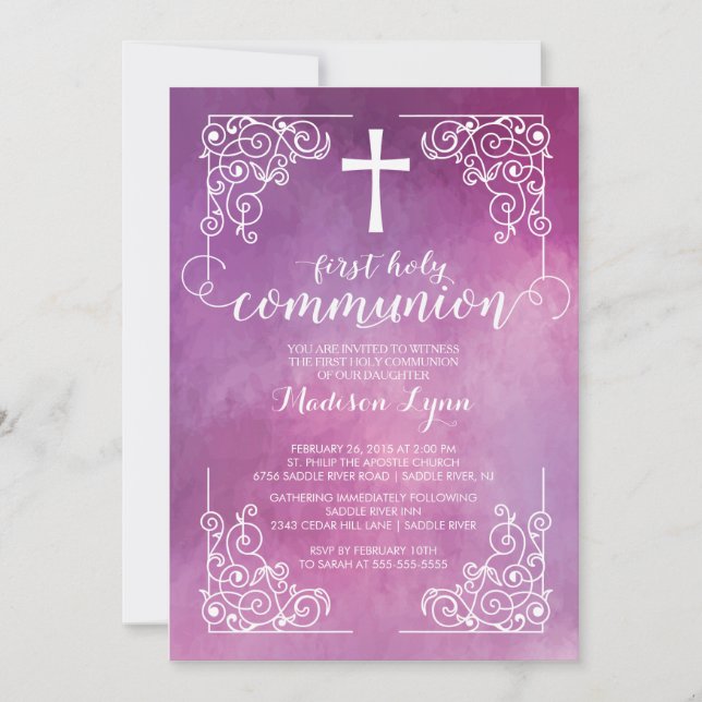 Modern Watercolor First Holy Communion Invitation (Front)
