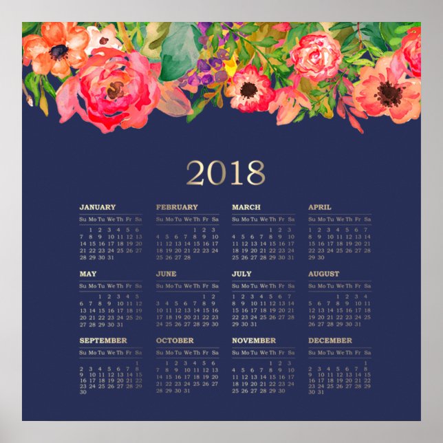 Modern Watercolor Floral 2018 Calendar Poster (Front)