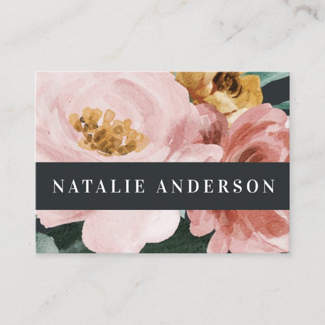 Modern watercolor floral and foliage elegant business card (Front)
