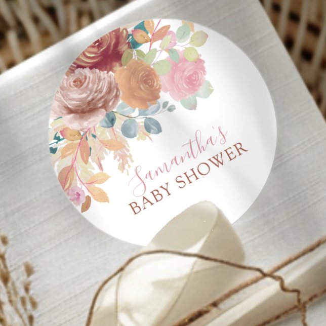 Modern Watercolor Floral Baby Shower  Classic Round Sticker (Creator Uploaded)