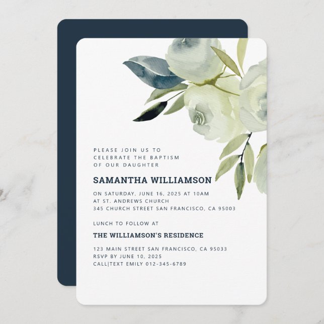 Modern Watercolor Floral Baptism Invitation (Front/Back)