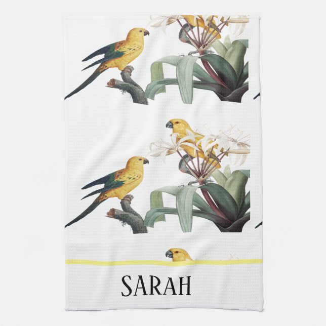 Modern Watercolor Floral Birds Monogrammed Tea Towel (Vertical)