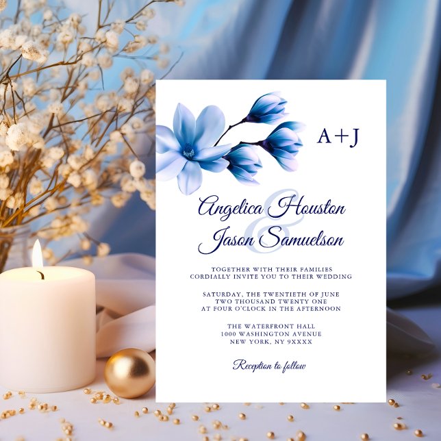Modern Watercolor Floral Blue Navy White Wedding Invitation (Modern Watercolor Floral Blue Navy White Wedding Invitation)