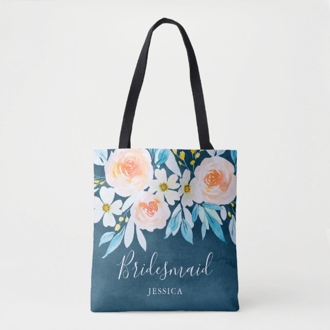 Modern Watercolor Floral Blue Wedding Bridesmaid Tote Bag (Front)