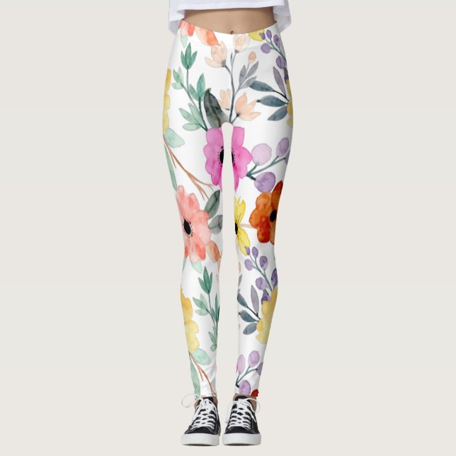 Modern Watercolor Floral Botanical FlowerS Leggings (Front)