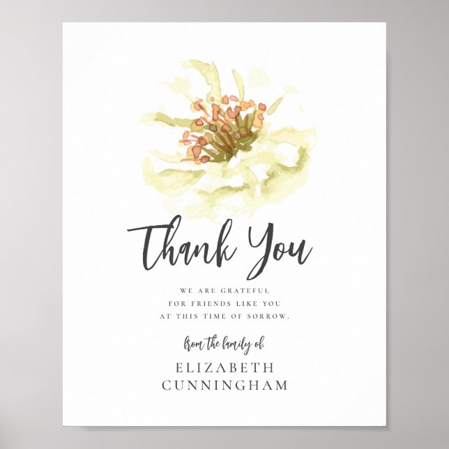 Modern Watercolor Floral Botanical Memorial Thanks Poster (Front)