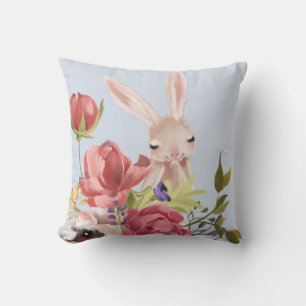 Modern Watercolor Floral Bunny Rabbit Easter Cushion