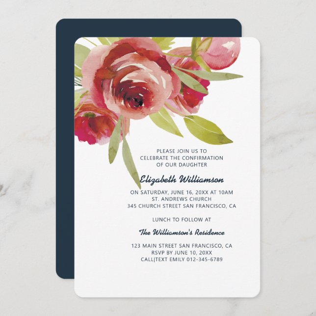 Modern Watercolor Floral Confirmation Invitation (Front/Back)