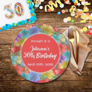 Modern Watercolor Floral Coral Red 30th Birthday Paper Plate