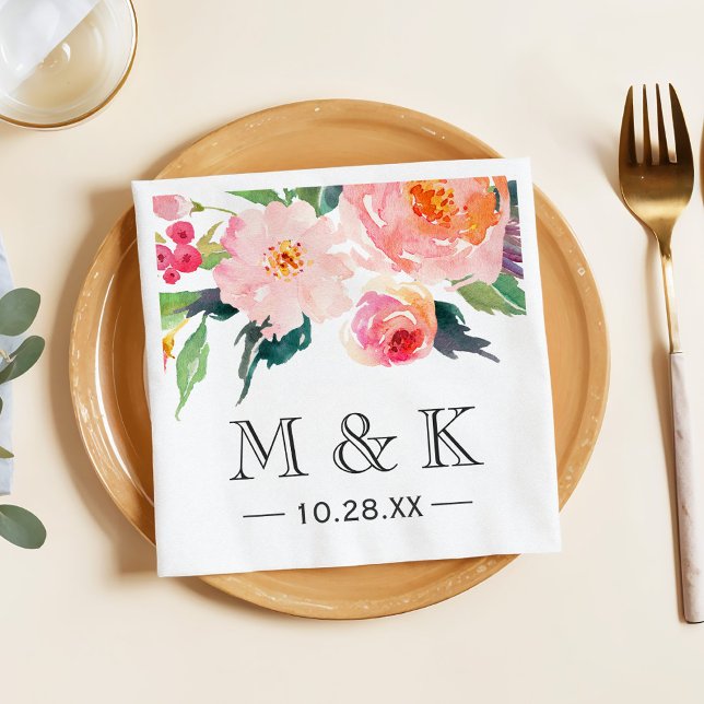 Modern Watercolor Floral Couple Monogram Wedding Napkin (Creator Uploaded)