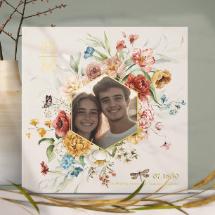 Modern Watercolor Floral Couple Photo Wedding gold Guest Book