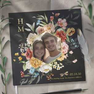 Modern Watercolor Floral Couple Photo Wedding gold Guest Book