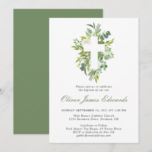Modern Watercolor Floral Cross Sage Green Baptism Invitation