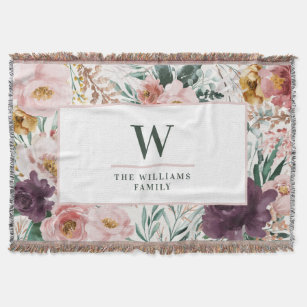 Modern watercolor floral elegant monogram pink throw blanket
