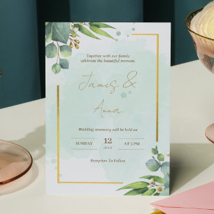 Modern Watercolor Floral Green & Gold  Wedding Invitation