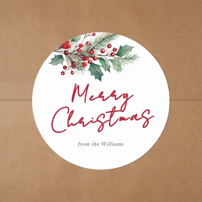 Modern Watercolor Floral Merry Christmas Classic Round Sticker (Creator Uploaded)