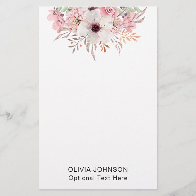 Modern Watercolor Floral Monogram Name Stationery (Front)