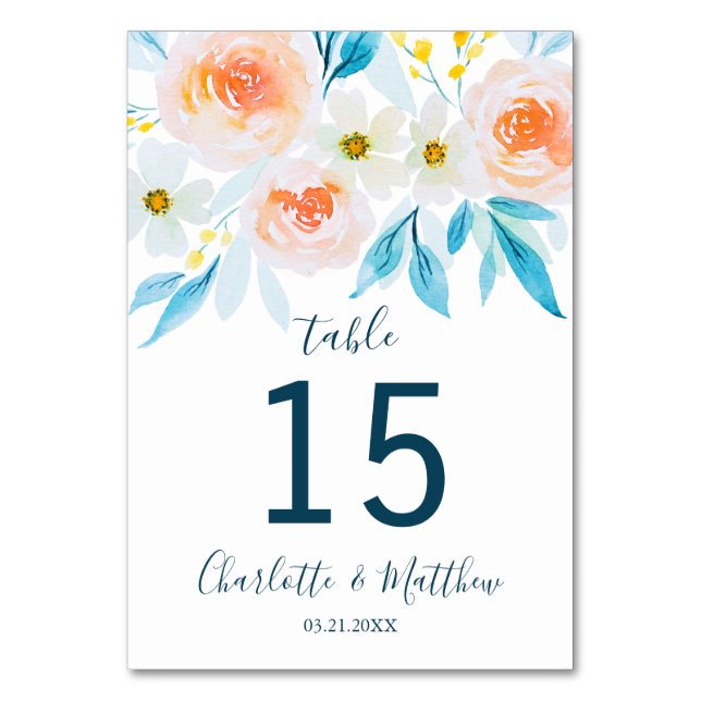 Modern Watercolor Floral Personalised Wedding Table Number (Front)