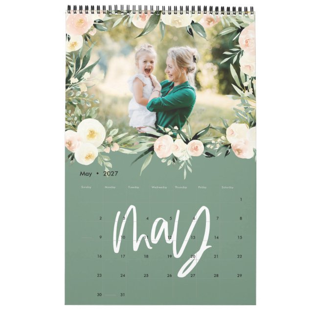 Modern watercolor floral photo script calendar (May 2027)