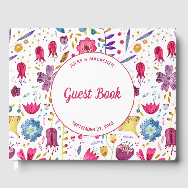 Modern Watercolor Floral Pink Purple Guest Book (Front)