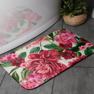 Modern Watercolor floral pink red flowers Bath Mat