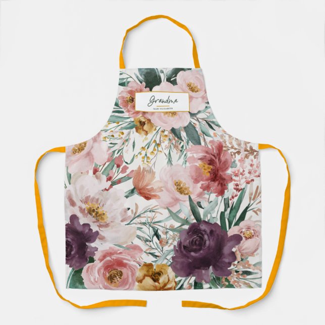 Modern watercolor floral script elegant grandma apron (Front)