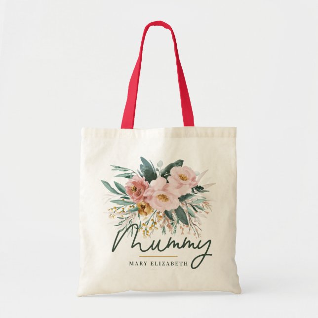 Modern watercolor floral script elegant mummy tote bag (Front)