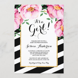 Modern Watercolor Floral Stripes Girl Baby Shower Invitation