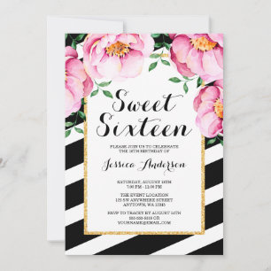 Modern Watercolor Floral Stripes Sweet 16 Invitation