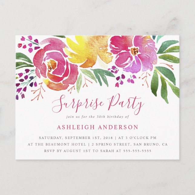 Modern Watercolor Floral Surprise Party Invitation (Front)