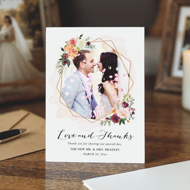 Modern Watercolor Floral Wedding Photo Thank You Card (Creator Uploaded)