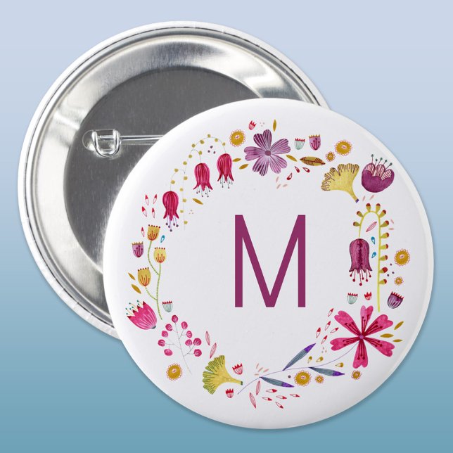 Modern Watercolor Flower Monogram 3 Cm Round Badge (Modern monogram initial personalized watercolor wildflower floral button)