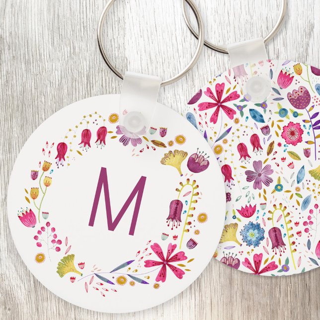 Modern Watercolor Flower Monogram Key Ring (Modern monogram initial personalized watercolor wildflower floral key ring)