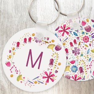Modern Watercolor Flower Monogram Key Ring