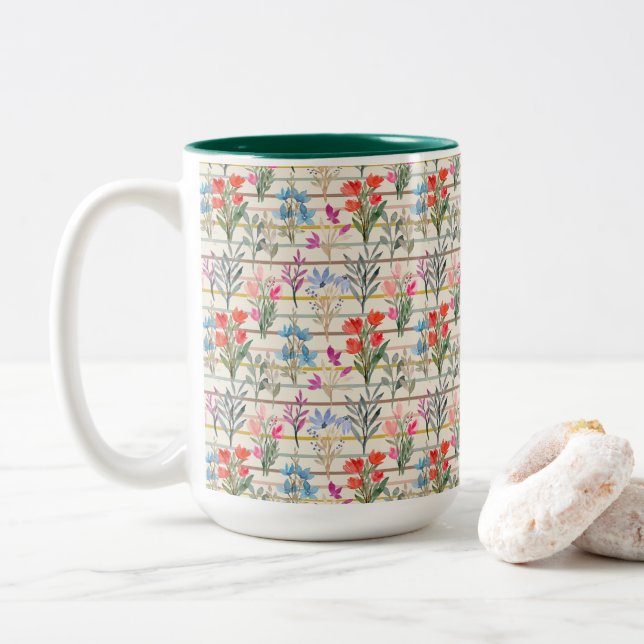  Modern Watercolor Flower Pattern Two-Tone Coffee Mug (With Donut)