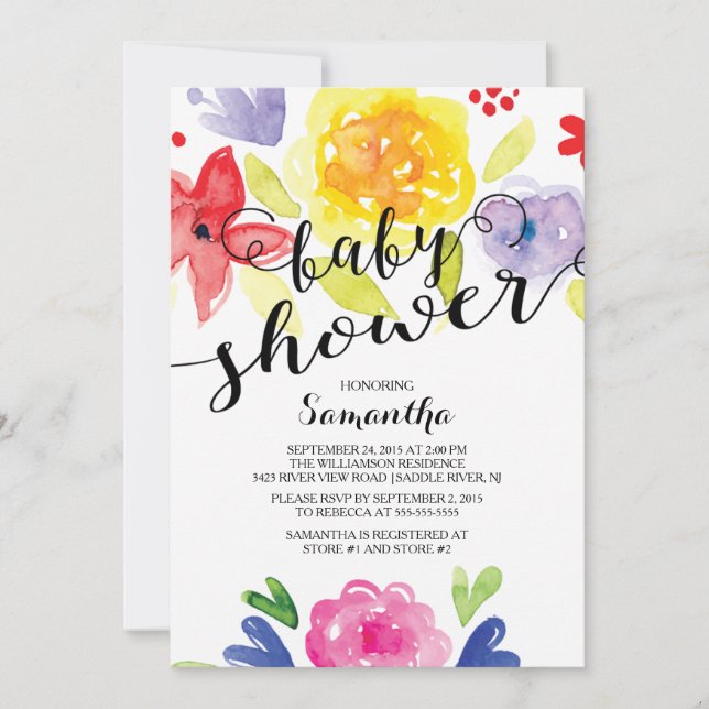 Modern Watercolor Flowers Baby Shower Invitation (Front)
