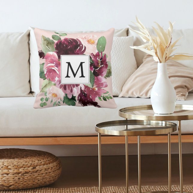 Modern Watercolor Flowers Monogrammed Cushion (Creator Uploaded)