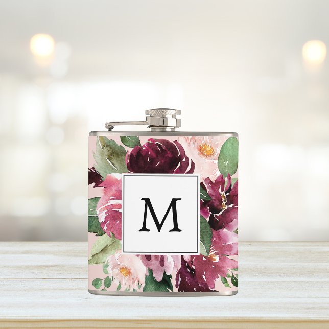 Modern Watercolor Flowers Monogrammed Hip Flask (Creator Uploaded)