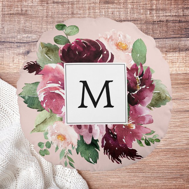 Modern Watercolor Flowers Monogrammed Round Cushion (Creator Uploaded)