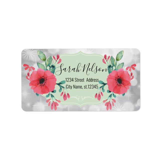 Modern Watercolor Flowers, Silver Sparkly Label (Front)