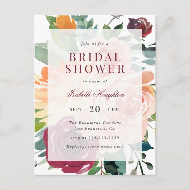 Modern Watercolor Flowers Spring Bridal Shower Invitation Postcard (Front)