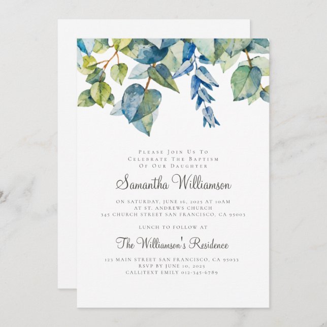 Modern Watercolor Foliage Baptism Invitation (Front/Back)