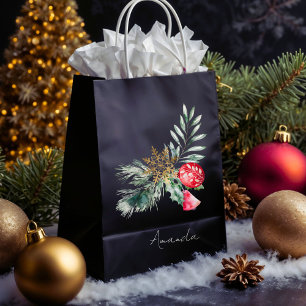 Modern Watercolor Foliage Name Merry Christmas Medium Gift Bag