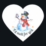Modern Watercolor Funny Cute Christmas Snowman  Heart Sticker<br><div class="desc">Add a touch of festive charm with this heart-shaped, cute Snowman Christmas sticker! Featuring a snowman and a friendly bird in a winter scene wonderland, this watercolor design with the sweet words ‘I’d Melt For You’ is perfect for decorating gifts, envelopes, or spreading holiday cheer on any surface. For a...</div>