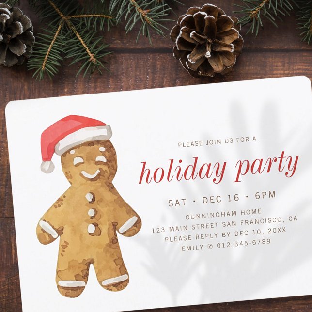 Modern Watercolor Gingerbread Man Holiday Party Invitation (Creator Uploaded)