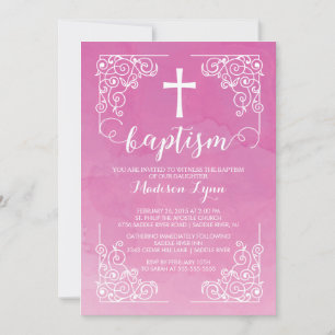 Modern Watercolor Girls Baptism Christening Cross Invitation
