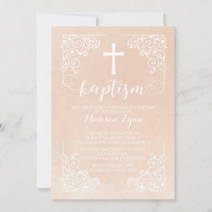 Modern Watercolor Girls Baptism Christening Cross Invitation