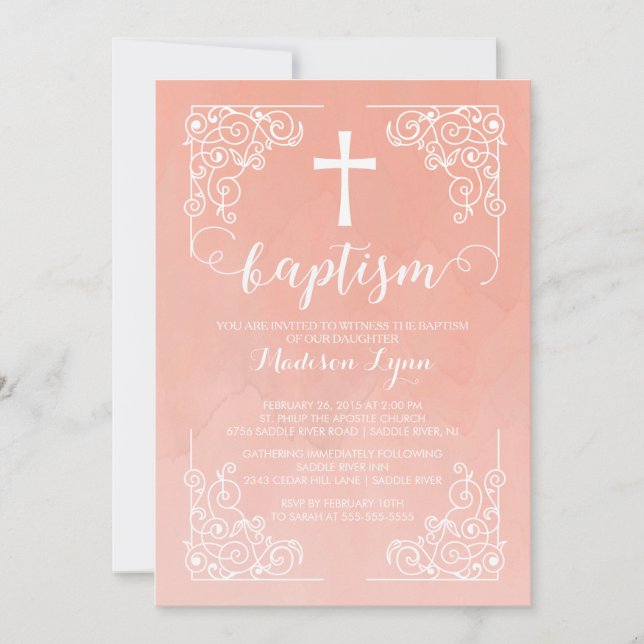 Modern Watercolor Girls Baptism Christening Cross Invitation (Front)