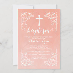 Modern Watercolor Girls Baptism Christening Cross Invitation